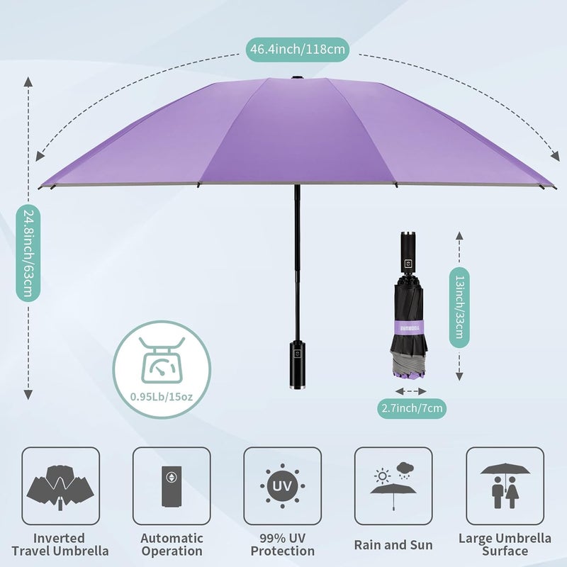 Yoobure Inverted Windproof Travel Umbrella - Automatic Umbrellas for Rain, Compact Folding with Reflective Stripe, Portable Large for Backpack, Lightweight with Sun UV Protection - Image 2